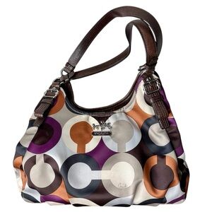 COACH Madison Maggie Hobo Bag Signature C Logo Pattern Satin Zipper Multicolour